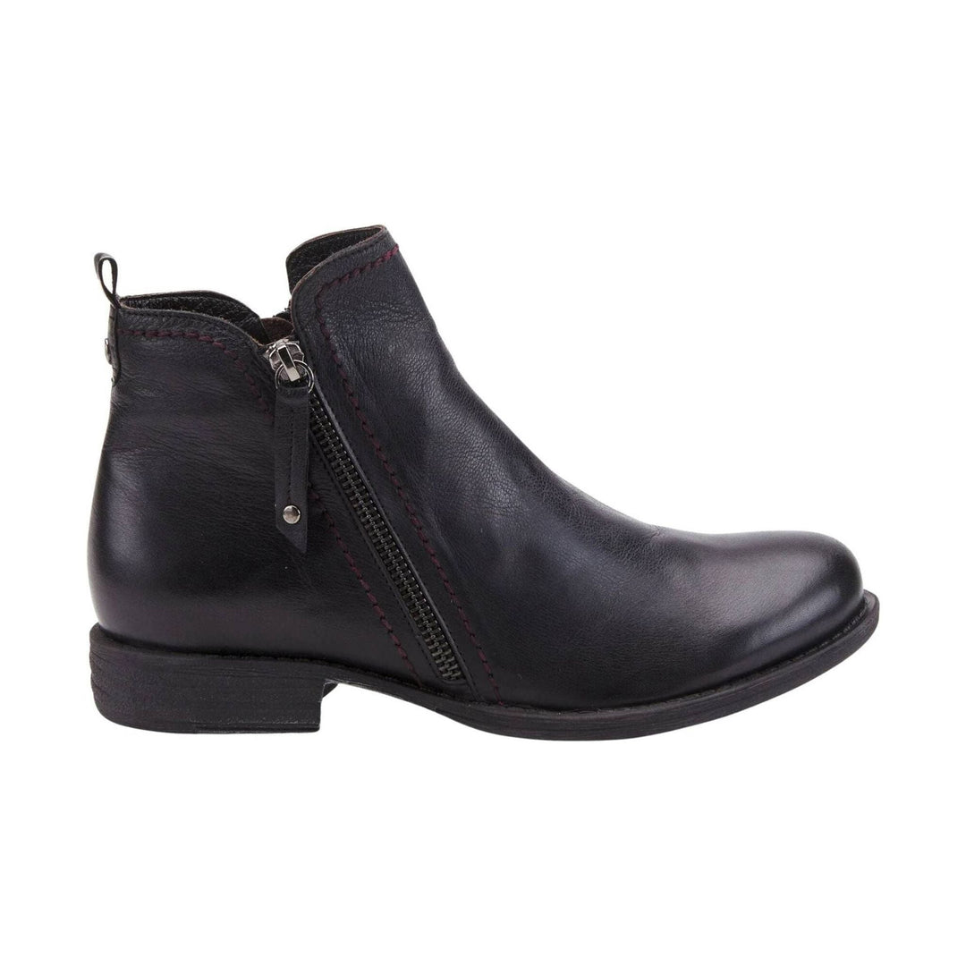 Black leather ankle boot with side zipper and low heel, shown in side profile