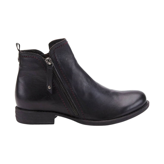 Black leather ankle boot with side zipper and low heel, shown in side profile