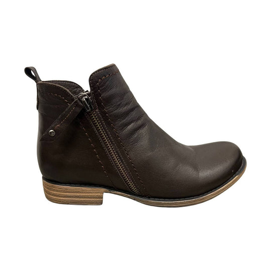 Dark brown leather ankle boot with side zipper, rounded toe, and low stacked heel