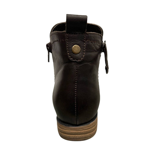 Dark brown leather ankle boot shown from the back with side zippers, pull tab, and wood-look stacked heel