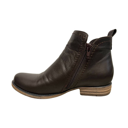 Dark brown leather ankle boot with side zipper and low stacked heel