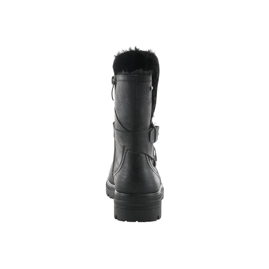 Black tall winter boot with faux fur cuff, side buckle strap, and thick treaded sole, rear view