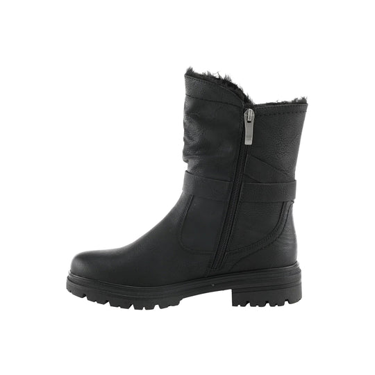 Black mid-calf winter boot with a side zipper, faux-fur lining, and lug sole