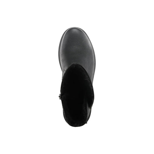 Black winter boot shown from above with a rounded toe and plush collar