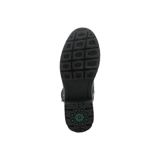 Black boot sole with chunky tread and green cushioned heel insert