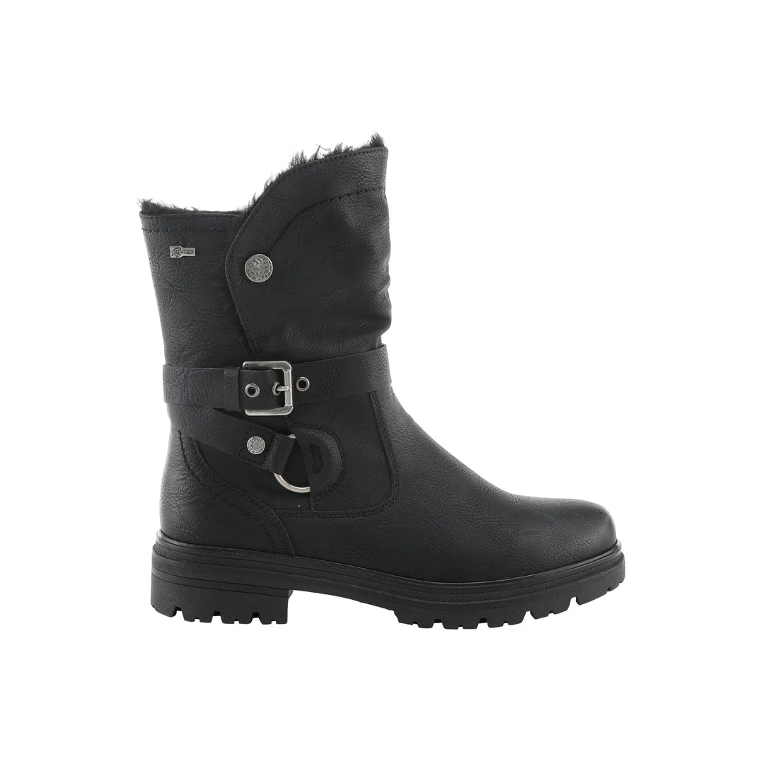 Black mid-calf winter boot with faux-fur lining, buckle strap, and lug sole, side view