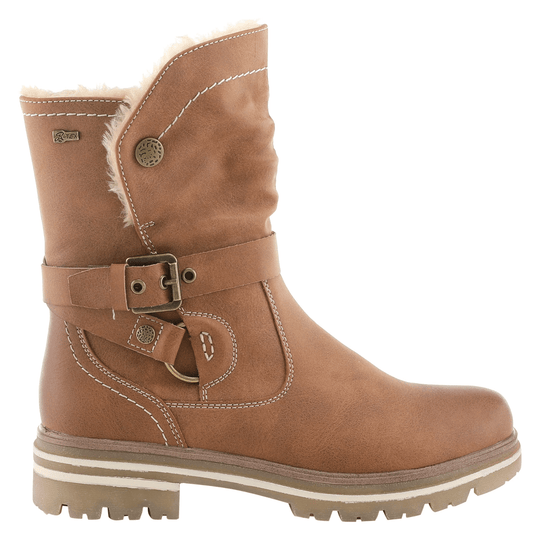Brown mid-calf winter boot with faux-fur lining, side buckle strap, and visible R-TEX patch