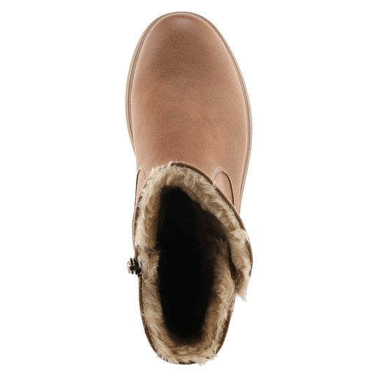 Brown leather winter boot with faux-fur lining and a side zipper, top-down view