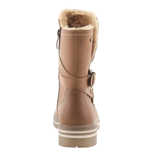Brown mid-calf winter boot with faux-fur lining, side zipper, and wraparound strap
