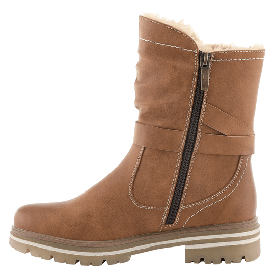 Brown mid-calf winter boot with faux-fur lining, side zipper, and thick treaded sole