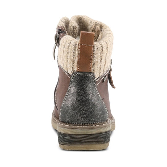 Brown and beige ankle boot with fleece lining and side zipper, back view
