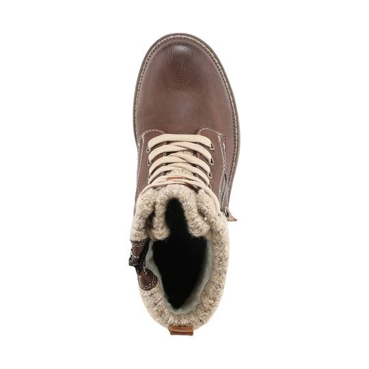 Brown lace-up ankle boot with cream faux-fur lining and padded collar, top view
