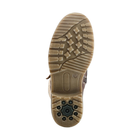 Tan lugged boot sole with a black heel traction insert, shown from below.