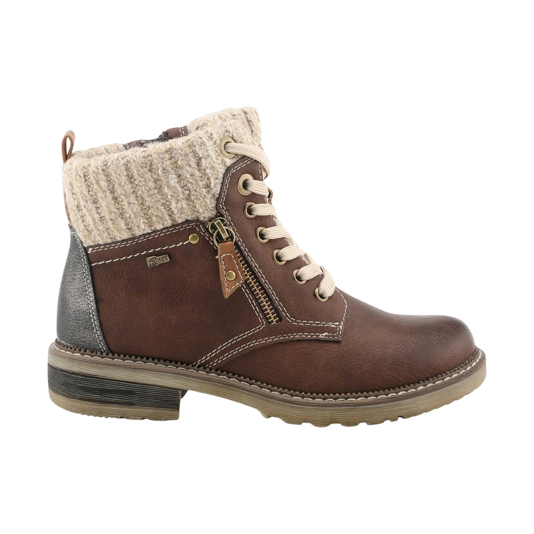 Brown lace-up ankle boot with cream knit cuff, side zipper, and thick treaded sole