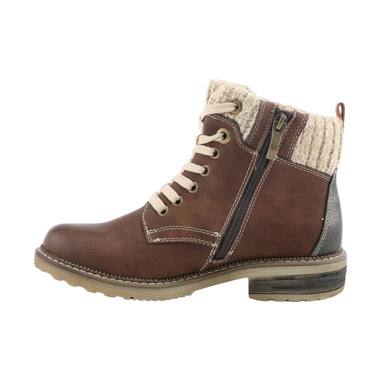 Brown lace-up ankle boot with side zipper, sherpa cuff, and textured heel