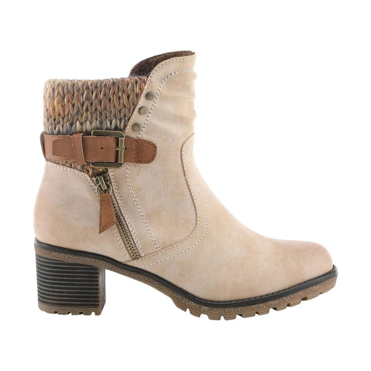Light beige ankle boot with a woven knit shaft, side buckle strap, side zipper, and stacked heel