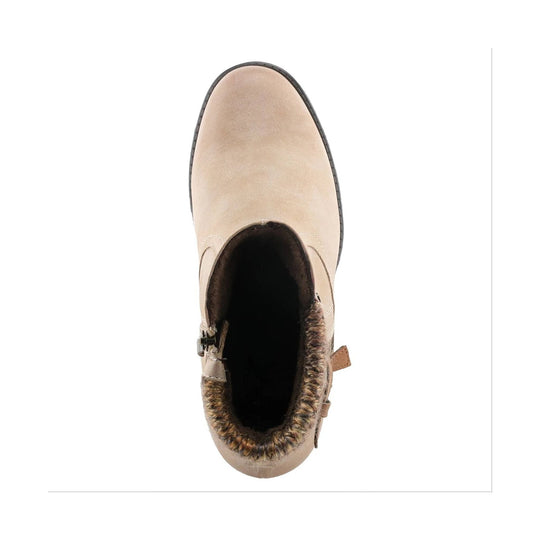 Light beige ankle boot with faux fur lining, zipper closure, and a rounded toe