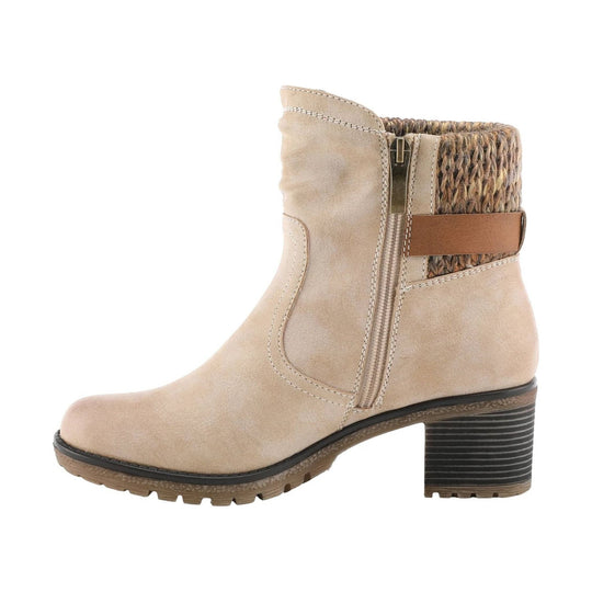 Beige ankle boot with stacked heel, side zipper, and woven knit collar