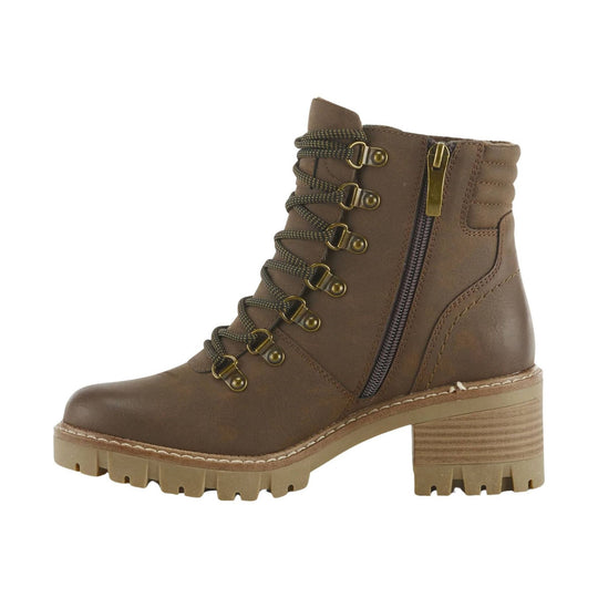 Brown lace-up ankle boot with side zipper, brass hardware, and chunky lug sole