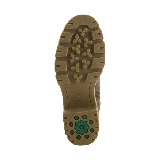 Brown boot sole with lug tread, green cushioning inserts, and size 37 marking.