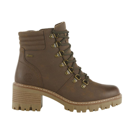 Brown lace-up ankle boot with metal eyelets, lug sole, and stacked block heel
