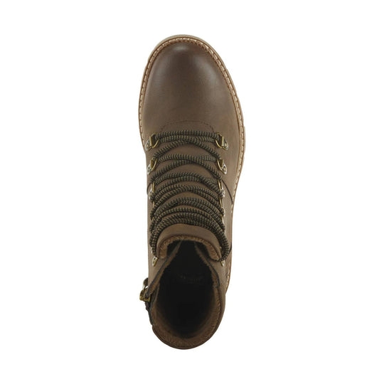 Brown lace-up ankle boot with round toe and side zipper