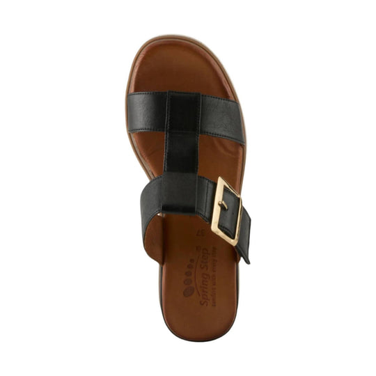 Black leather closed-toe sandal with wide straps and a gold buckle, seen from above.