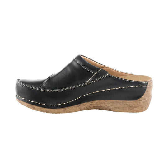 Black leather slip-on clog with white stitching and a wood-look wedge sole