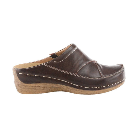 Brown leather open-back clog with topstitching and a wood-look platform sole, side view