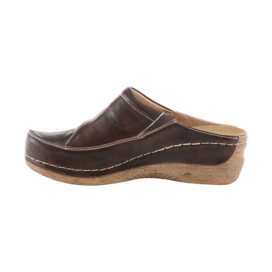 Brown leather clog with a tan wood-grain wedge sole and visible contrast stitching, side view