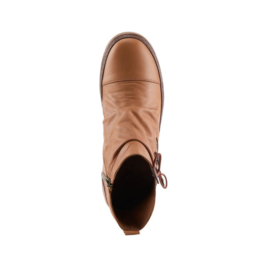 Tan leather ankle boot with rounded toe, side zipper, and elastic side gussets, shown from above