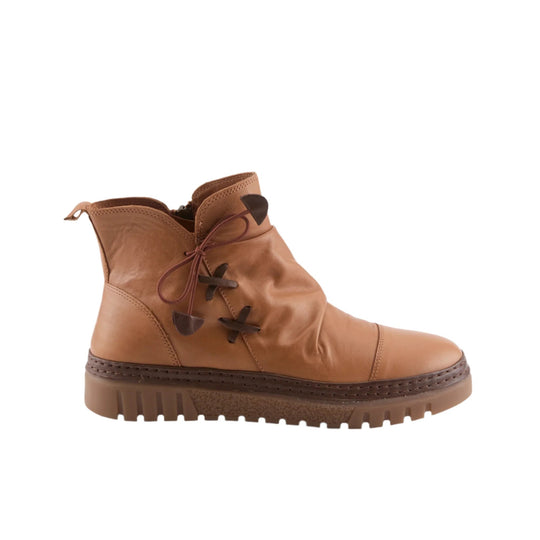 Camel leather ankle boot with side lace details and a chunky lug sole