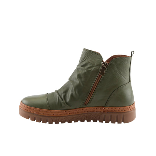 Olive green leather ankle boot with side zipper and brown lug sole