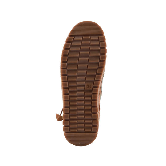 Brown lugged shoe sole with tread blocks and size 37 stamped near the arch