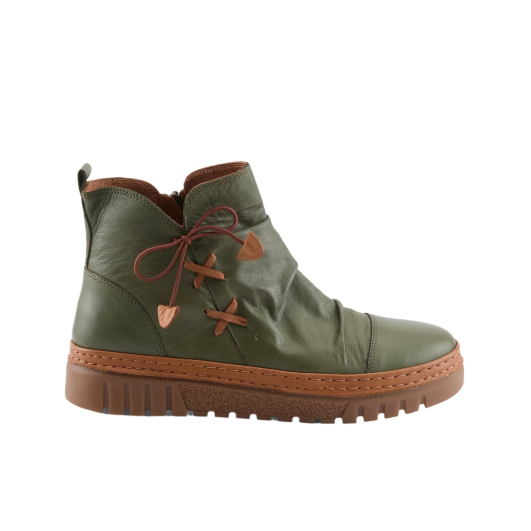 Olive green leather ankle boot with brown laces and thick lug sole, side view