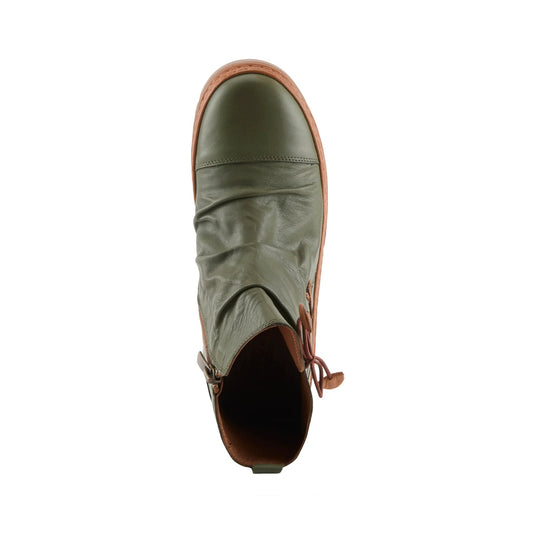 Olive green leather ankle boot with ruched upper, tan trim, and side zipper