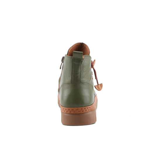 Olive green leather ankle boot shown from the back with brown heel and laces