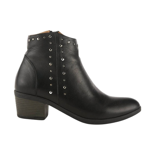 Black leather ankle boot with stacked block heel and silver stud details