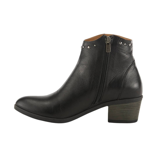 Black leather ankle boot with side zipper, studded collar, and block heel