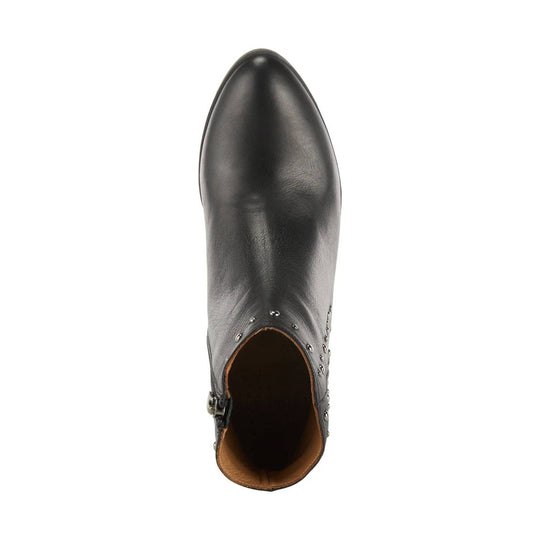 Black leather ankle boot with a pointed toe, stud details, and side zipper