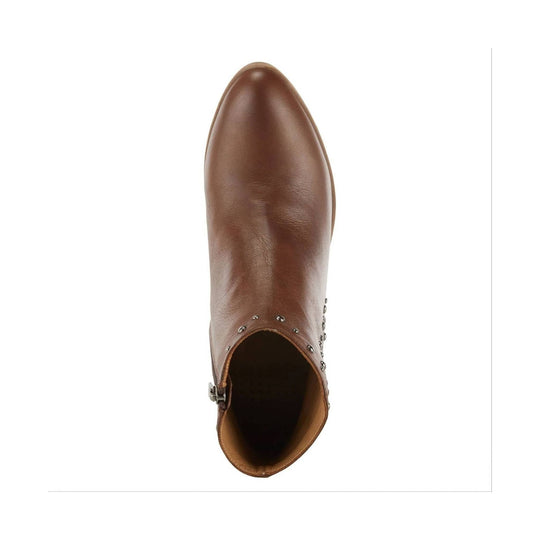 Brown leather ankle boot with pointed toe, side zipper, and stud details