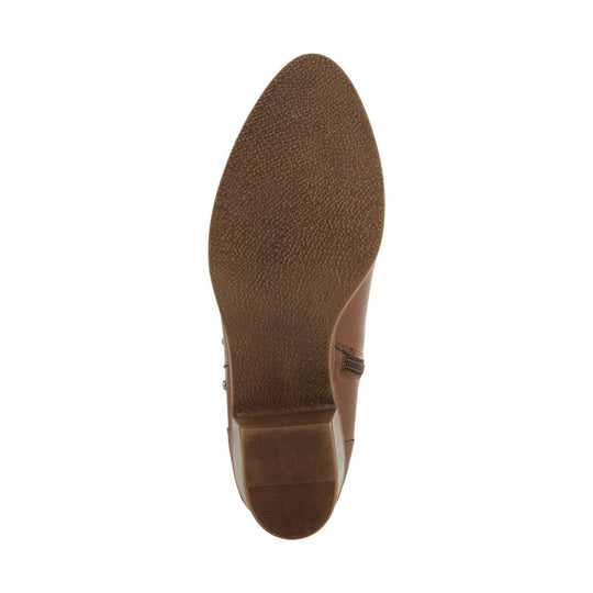 Brown boot sole with textured tread and a low heel, shown from the bottom