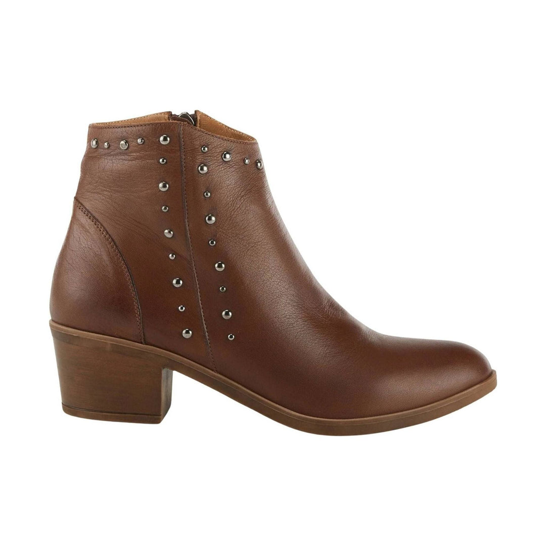 Brown leather ankle boot with silver stud accents and a chunky low block heel