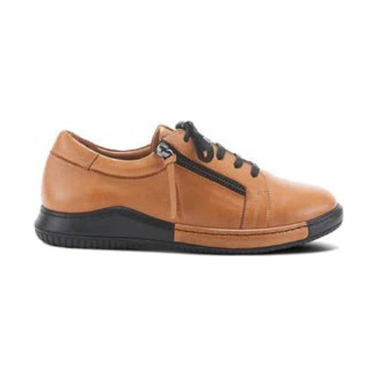 Tan lace-up leather shoe with a side zipper and black sole
