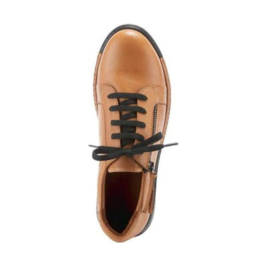 Tan leather lace-up shoe with black laces, rounded toe, and side zipper, viewed from above