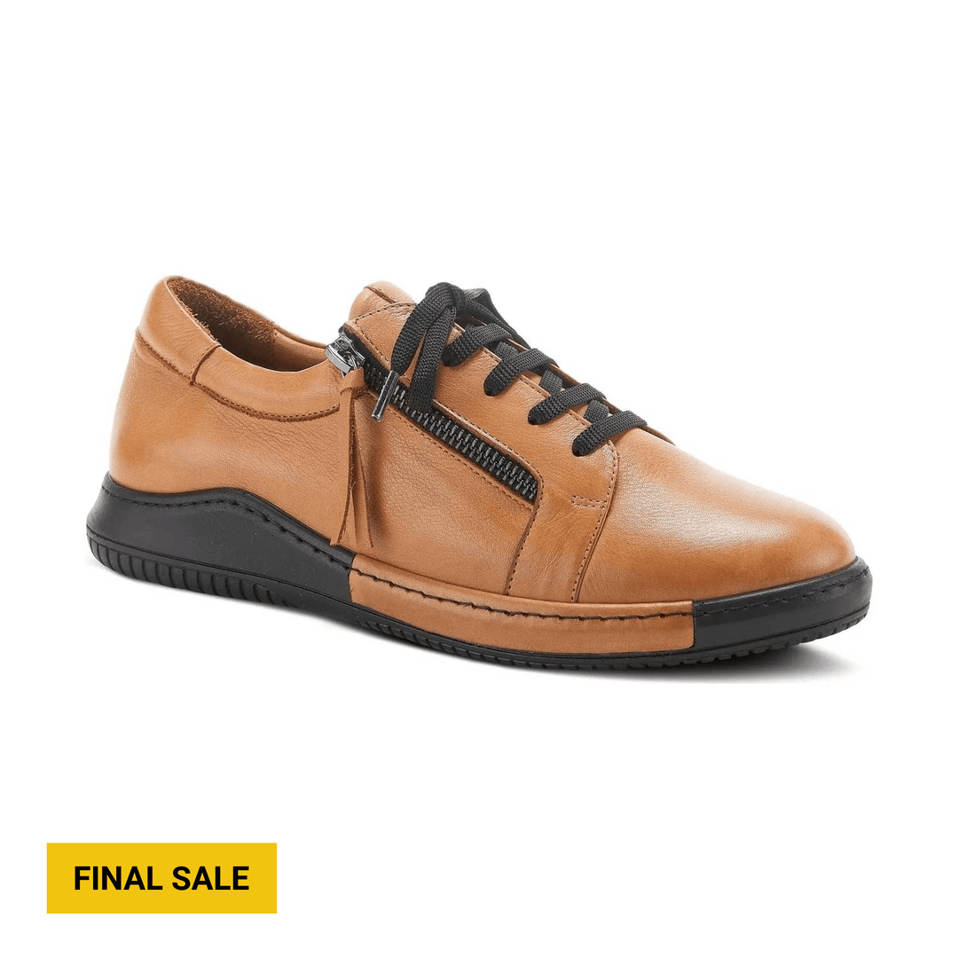 Camel leather lace-up shoe with black sole and side zipper, labeled FINAL SALE