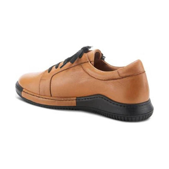 Tan leather lace-up oxford with black sole and toe cap