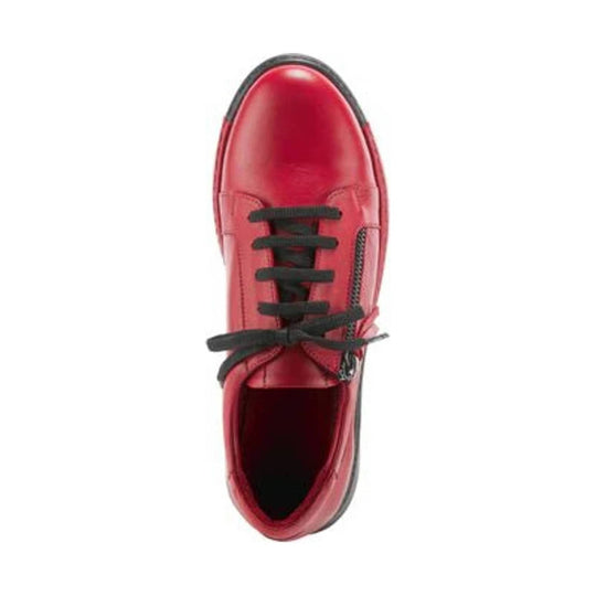 Red lace-up shoe with black laces and a side zipper, shown from above