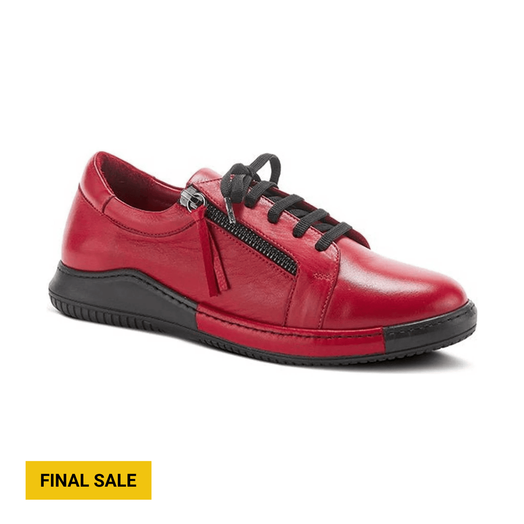 Red low-top leather sneaker with black laces, side zipper, and black sole