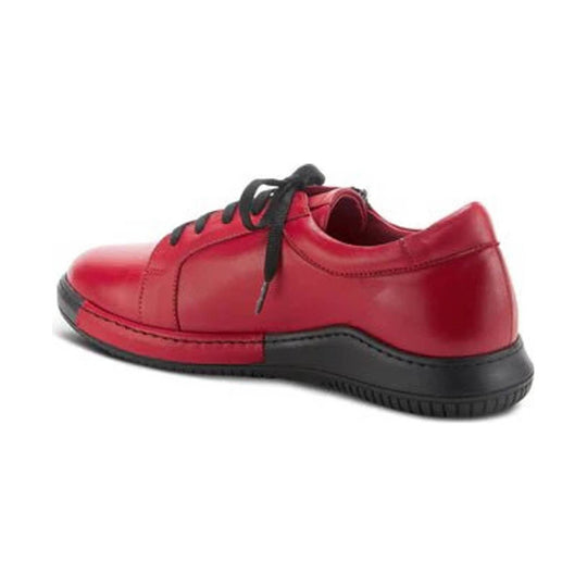Red leather lace-up oxford with black trim and black sole, side view